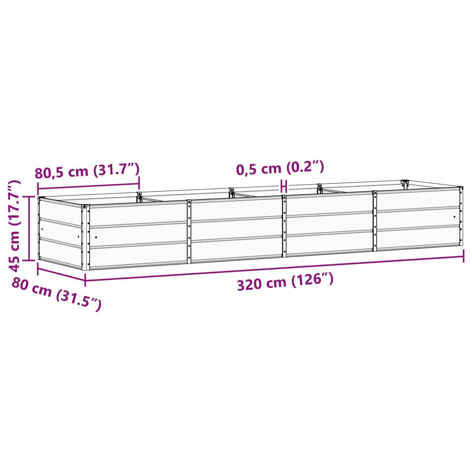 Diagramm eines rechteckigen erhöhten Hochbeets. Die Abmessungen sind 320 cm (126