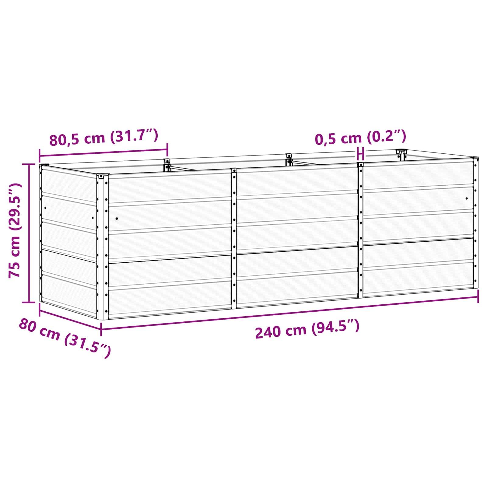 Ein rechteckiges Hochbeet mit einer Länge von 240 cm, einer Breite von 80 cm und einer Höhe von 75 cm, mit Metallpaneelen und verstärkten Kanten.