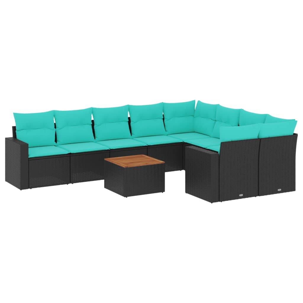 Gartensofasektion mit türkisfarbenen Kissen, mit einem dunkelgeflochtenem Rattanrahmen, in L-Form angeordnet mit einem quadratischen Holzkaffeetisch in der Mitte.