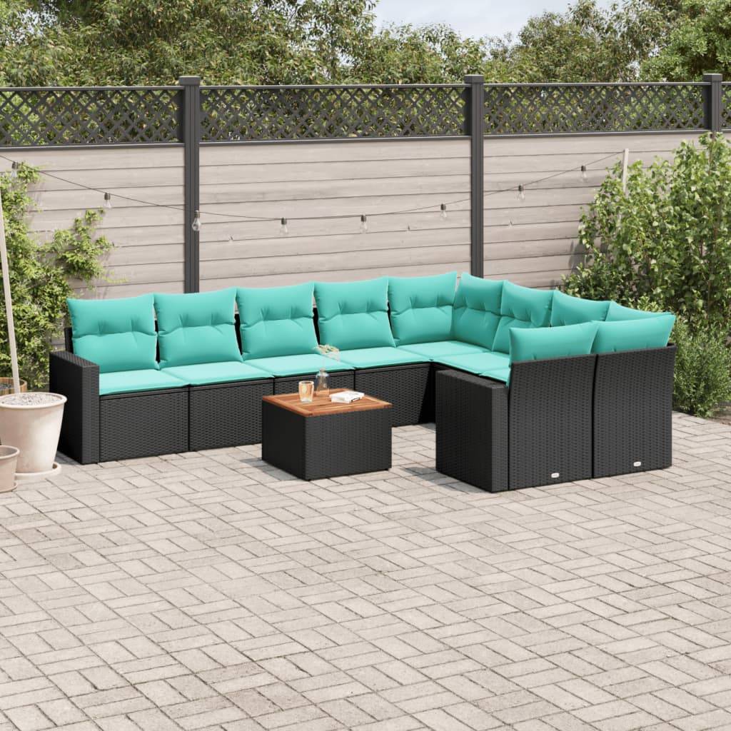 vidaXL 10-tlg. Garten-Sofagarnitur mit Kissen Schwarz Poly Rattan