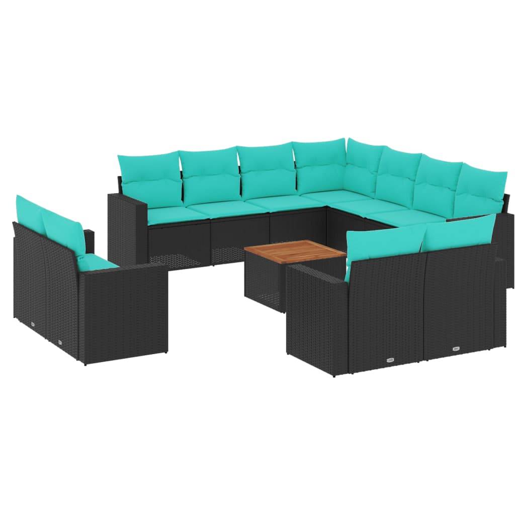 vidaXL 12-tlg. Garten-Sofagarnitur mit Kissen Schwarz Poly Rattan
