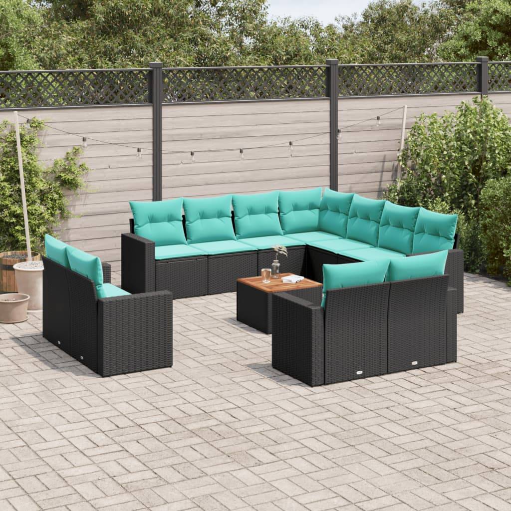 vidaXL 12-tlg. Garten-Sofagarnitur mit Kissen Schwarz Poly Rattan