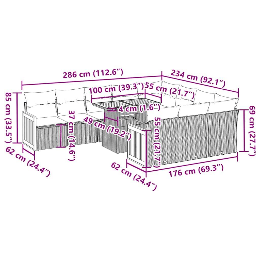 vidaXL 11-tlg. Garten-Sofagarnitur mit Kissen Schwarz Poly Rattan