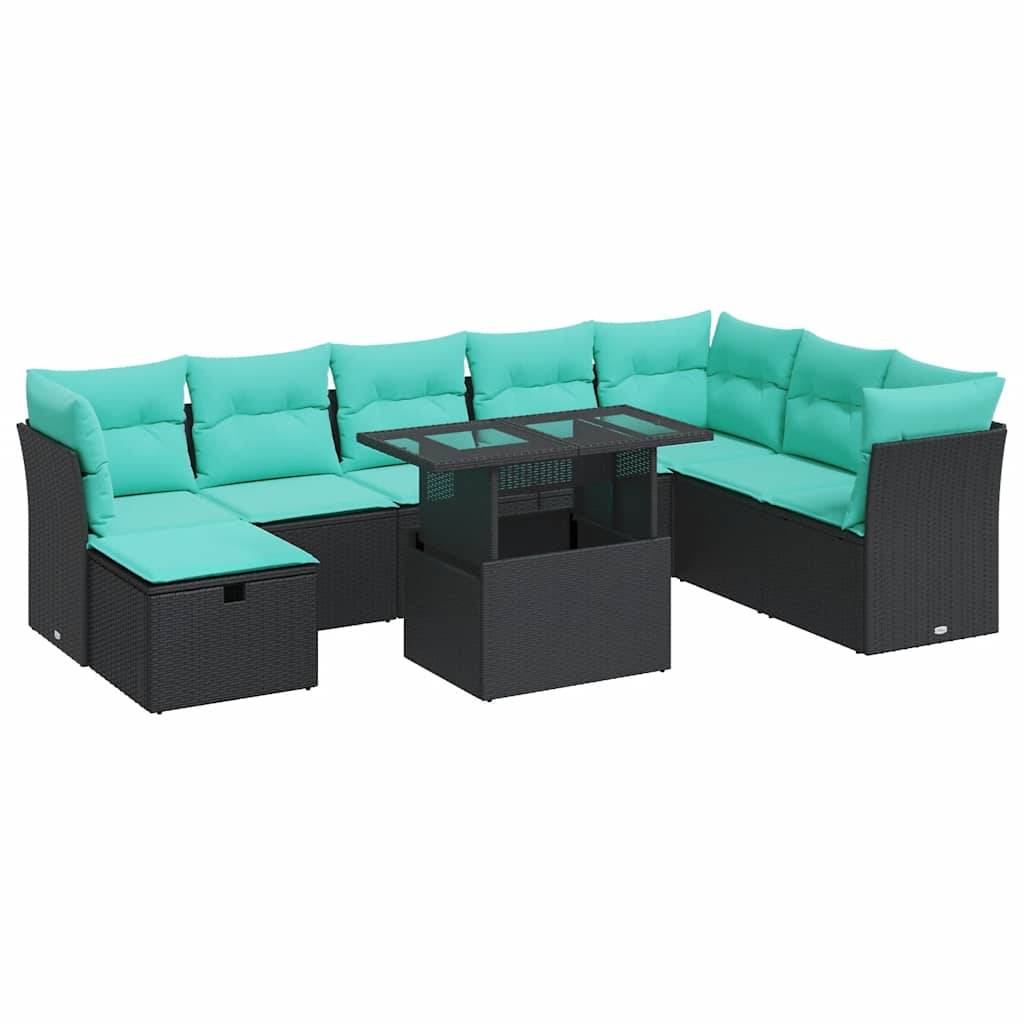Outdoor-Lounge-Set mit türkisen Kissen und kleinem braunem Couchtisch, entworfen für die Entspannung auf der Terrasse oder im Garten.