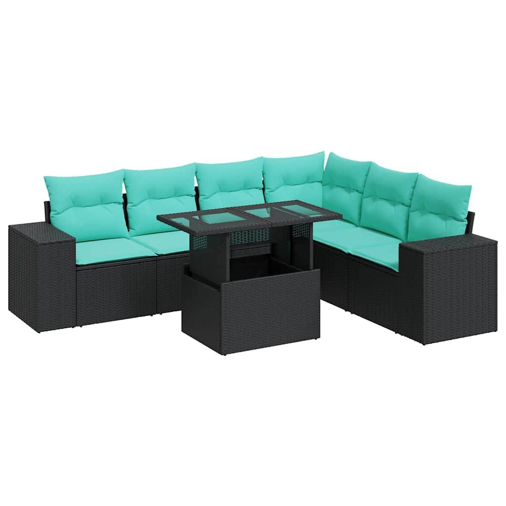 vidaXL 7-tlg. Garten-Sofagarnitur mit Kissen Schwarz Poly Rattan