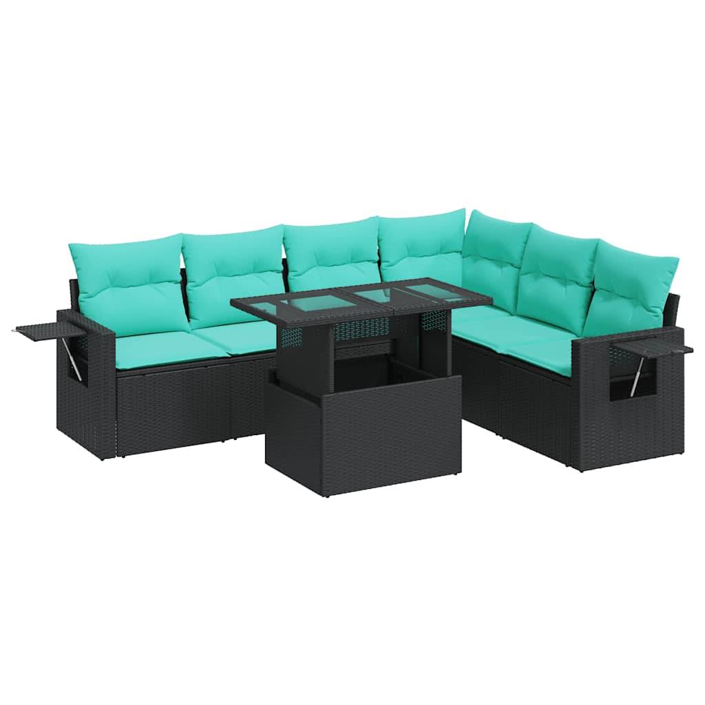 Outdoor-Sitzmöbelgarnitur mit aquamarinfarbenen Kissen, schwarzem Rattanrahmen und passendem Couchtisch. Ideal für Terrassensitzplätze.