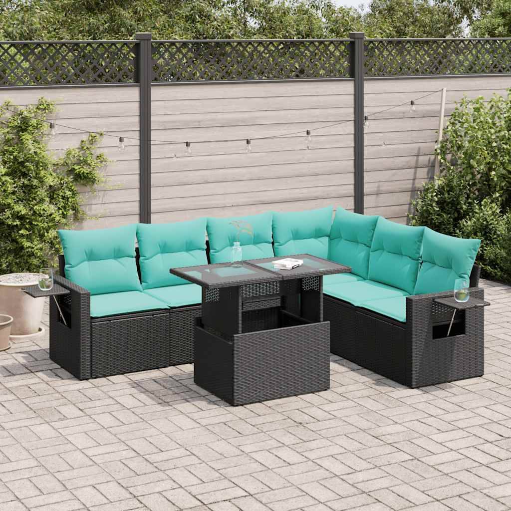 vidaXL 7-tlg. Garten-Sofagarnitur mit Kissen Schwarz Poly Rattan Akazie