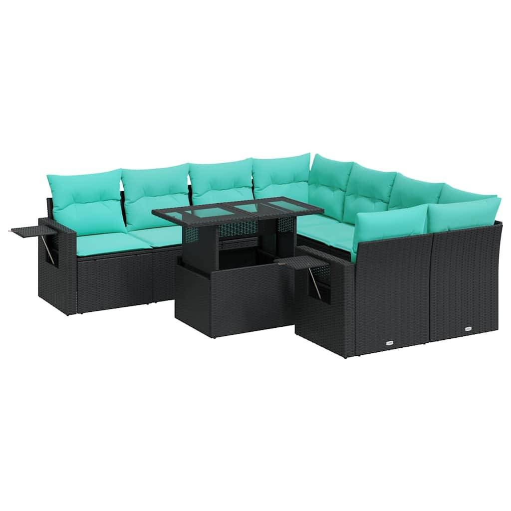 Outdoor-Korbmöbel-Sitzkombination mit türkisfarbenen Kissen und einem quadratischen Couchtisch mit Glastischplatte, entwickelt zur Verwendung auf der Terrasse oder im Garten.