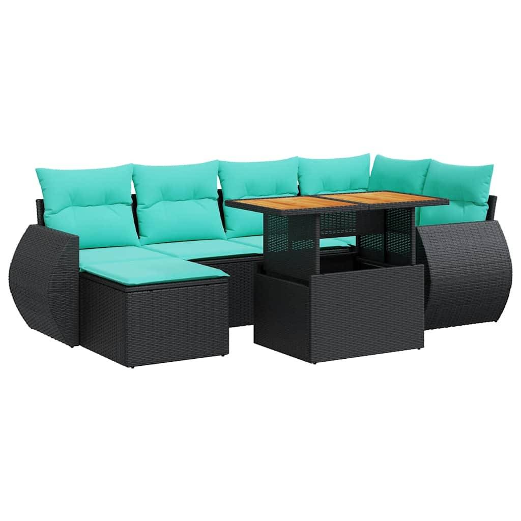 Outdoor-Rattanmöbel-Set für die Terrasse mit petrolblauen Kissen, bestehend aus einer Eck-Loungeinsel und einem Tisch mit Hubdeckel, ideal zum Entspannen im Garten.