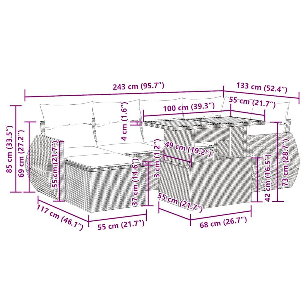 Outdoor-Terrassenmöbelset mit Kissen und Tisch. Die Abmessungen umfassen Sofa: 243 cm, Tisch: 100 cm, Höhe: 85 cm. Verschiedene Sitzbereiche sind detailliert aufgelistet.