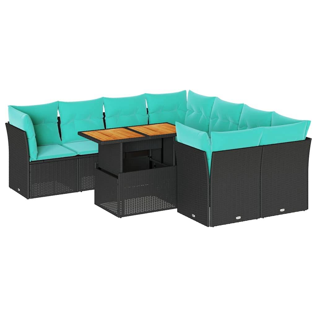 Outdoor-Loungegarnitur mit türkisfarbenen Kissen und rechteckigem Holztisch mit Rattan-Optik-Gestell.