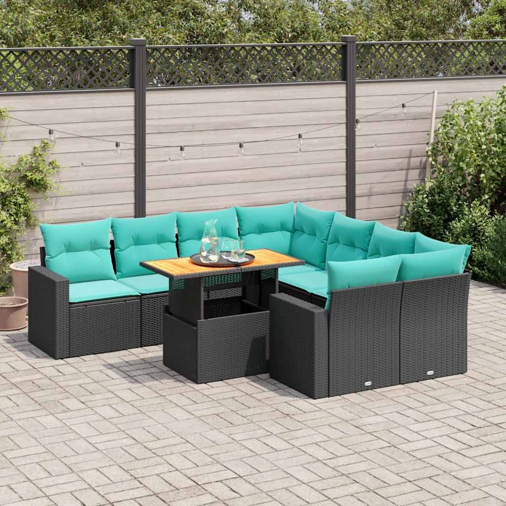 vidaXL 9-tlg. Garten-Sofagarnitur mit Kissen Schwarz Poly Rattan