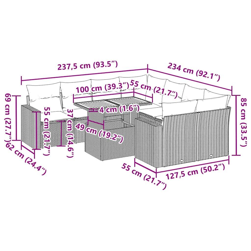 vidaXL 9-tlg. Garten-Sofagarnitur mit Kissen Schwarz Poly Rattan