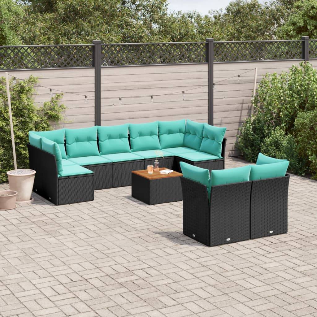 vidaXL 10-tlg. Garten-Sofagarnitur mit Kissen Schwarz Poly Rattan