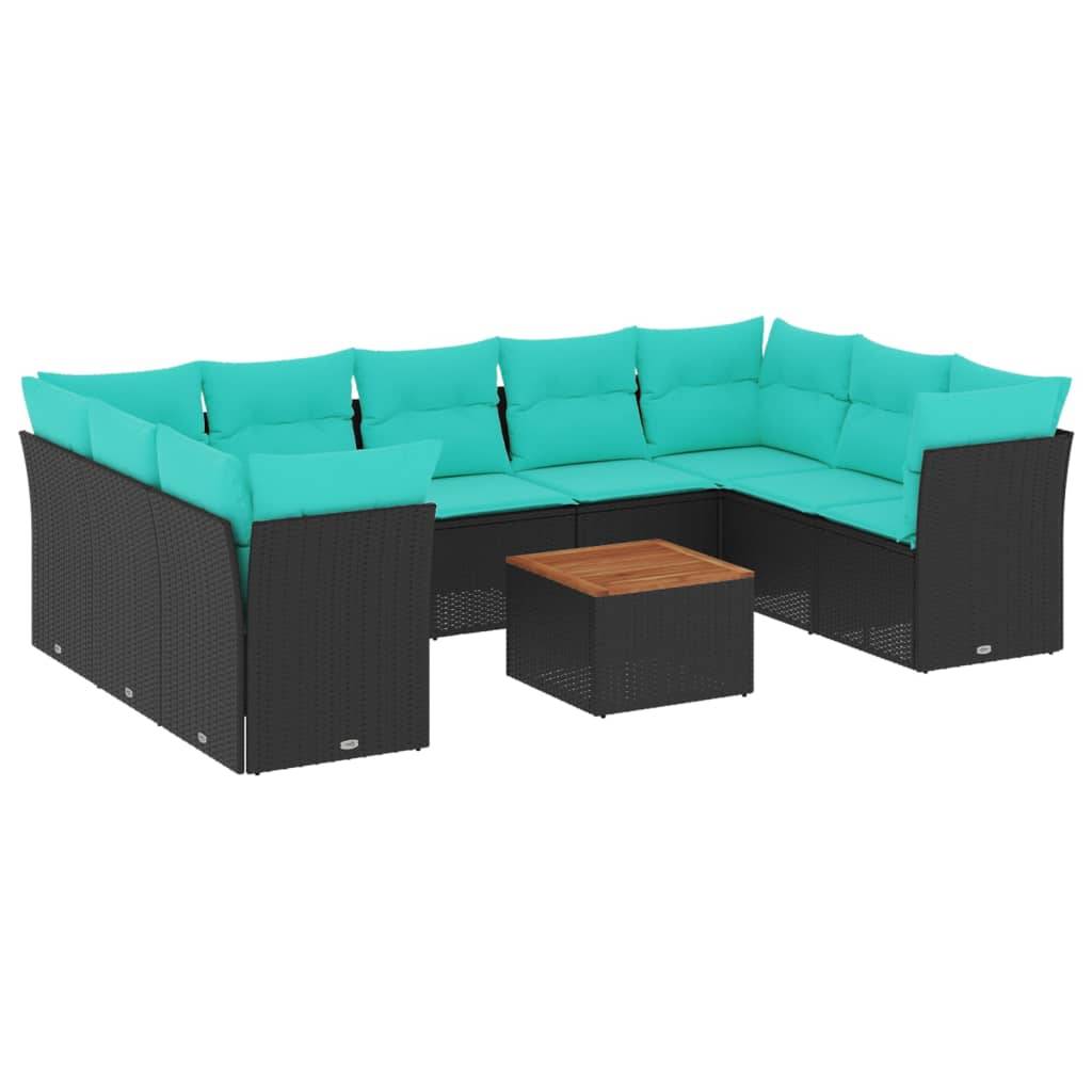 Ein schwarzes Flechtwerk-Außensektionalsofa mit türkisfarbenen Kissen bildet eine L-Form um einen kleinen quadratischen Holz-Couchtisch.