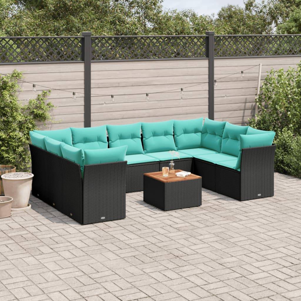 Outdoor-Sitzmöbelset mit türkisen Kissen, bestehend aus einem U-förmigen Sectional-Sofa und einem quadratischen schwarzen Couchtisch in der Mitte.