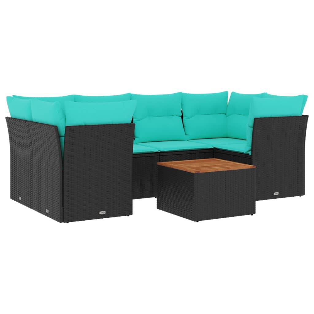 Schwarze Rattan-Außensektionalsofa mit türkisen Kissen und einem passenden quadratischen Couchtisch mit Holzplatte.