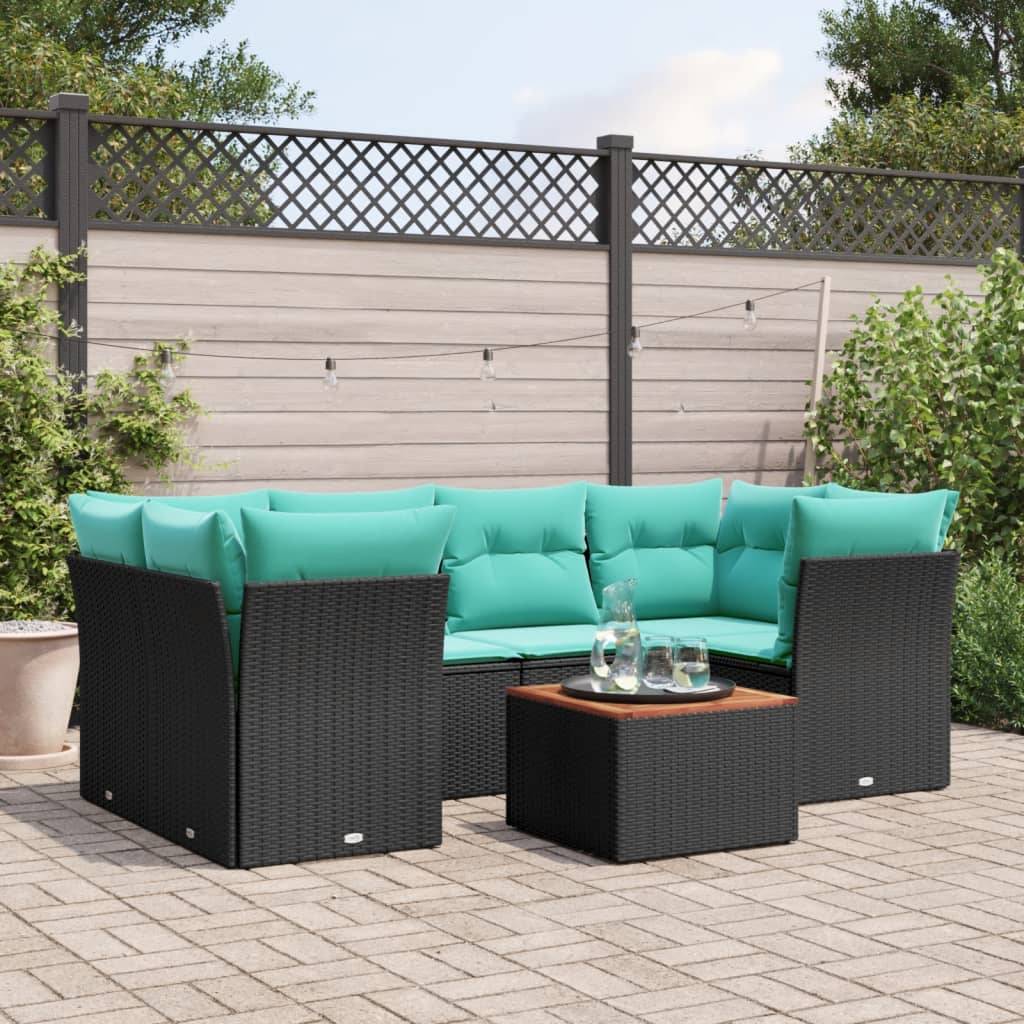 vidaXL 7-tlg. Garten-Sofagarnitur mit Kissen Schwarz Poly Rattan