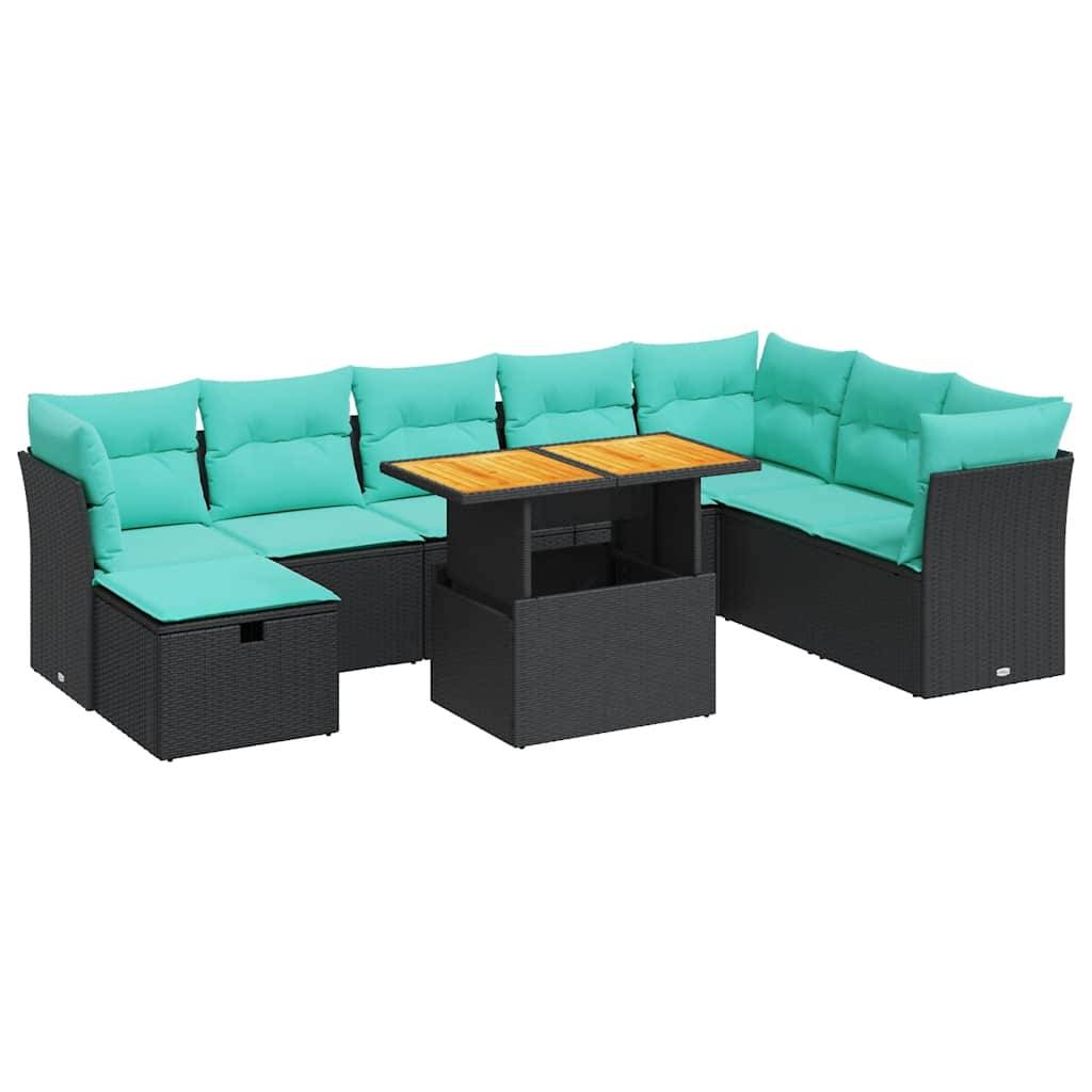Illustration von Außenmöbeln mit Maßangaben: L-förmiges Sofa 292,5 cm x 69 cm, Tisch 100 cm x 68 cm, mit Kissen.