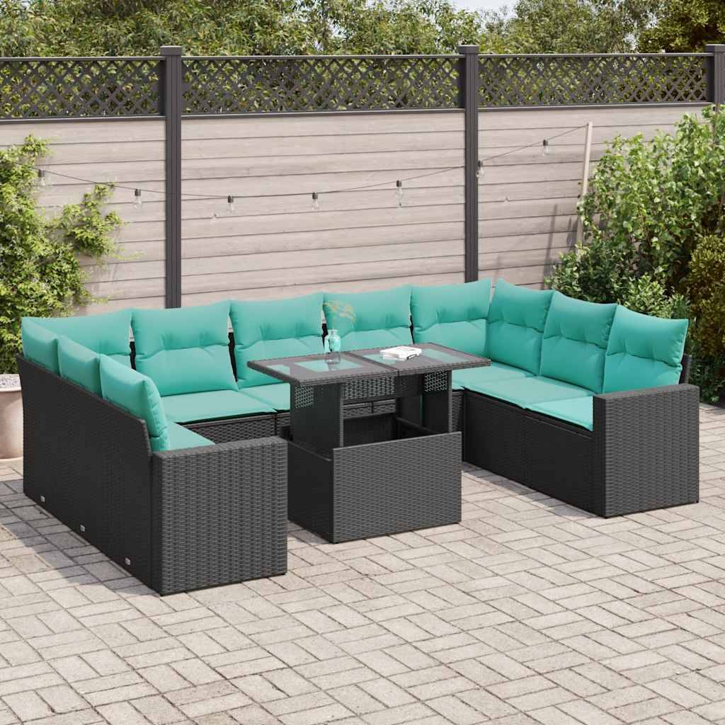 Outdoor-Ecksofa-Set mit türkisfarbenen Kissen und braunem Stauraum-Tisch. Das Set bildet eine L-Form und beinhaltet einen Hocker.