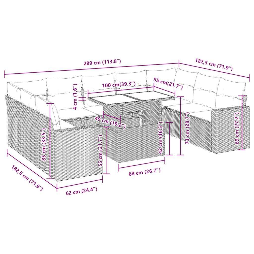 Outdoor-Ecksofa-Set mit Tisch und Kissen, Abmessungen enthalten: Sofa: 289 cm breit, 182,5 cm tief, 89 cm hoch; Tisch: 68 cm breit, 62 cm tief, 40 cm hoch.