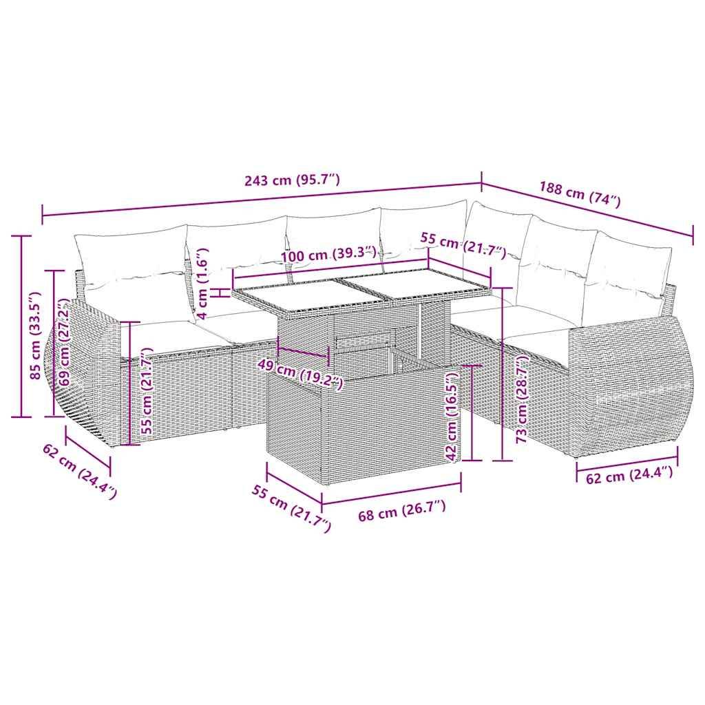 L-förmiges Patio-Sofa und Tisch mit Abmessungen: Sofa - 243x188 cm, Sitzhöhe 86 cm; Tisch - 68x48 cm, Höhe 69 cm.