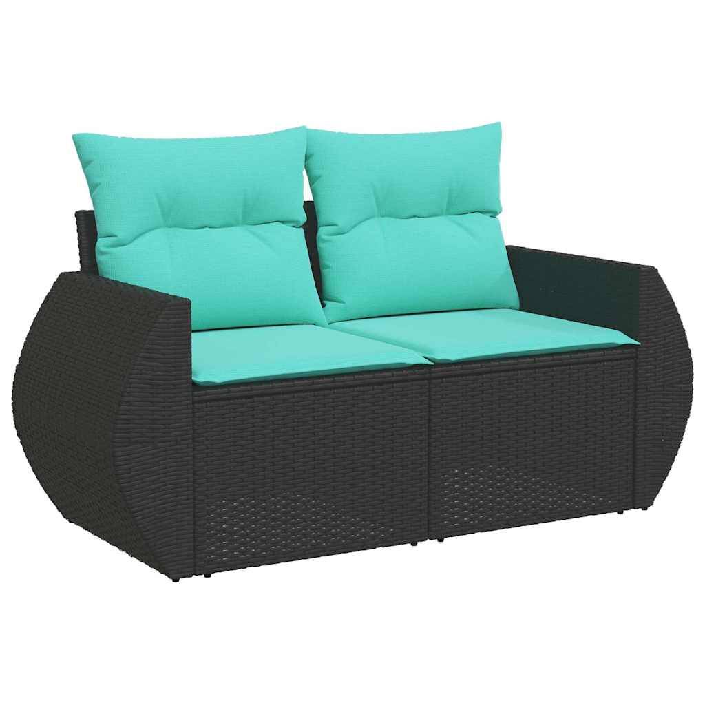 Outdoor-Sitzbank aus schwarzem Polyrattan mit türkisfarbenen Kissen, mit modernem, geschwungenem Design für Terrassen- oder Garteneinrichtungen.
