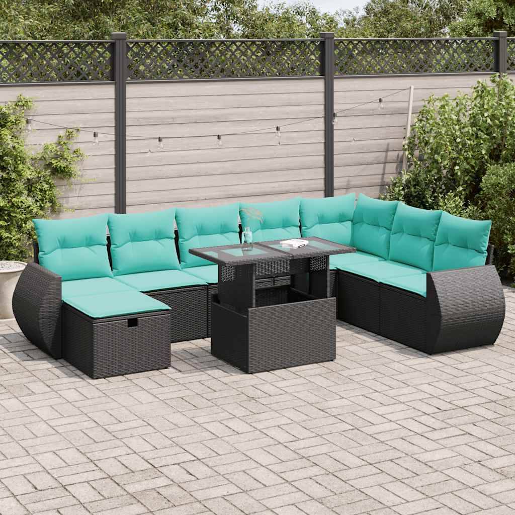 Außenterrasse mit einem grauen Polyrattan-Ecksofa und türkisfarbenen Kissen, zentral um einen passenden quadratischen Tisch auf einer Fläche mit Ziegelpflaster angeordnet.