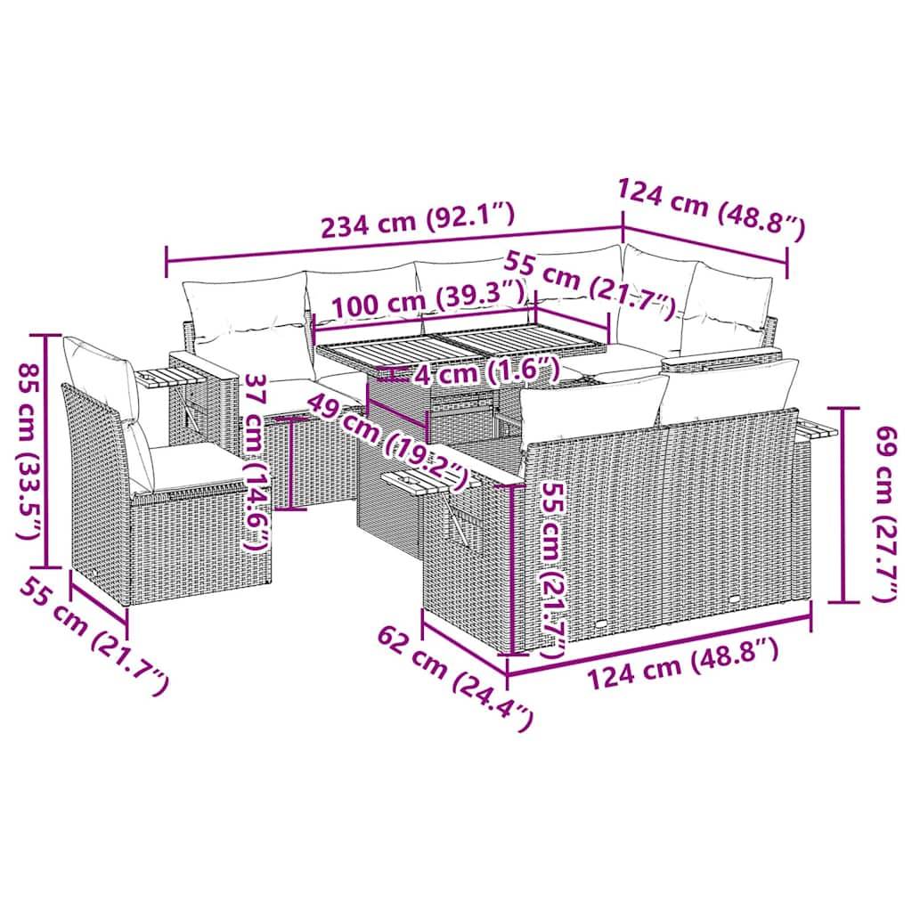 Outdoor-Sitzmöbel mit Maßen: Ecksofa 234 cm x 124 cm, Tisch 100 cm x 49 cm und 85 cm hohe Stühle.