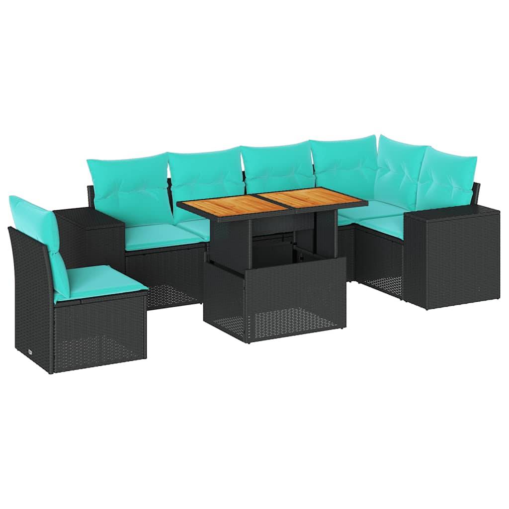 Schwarze Terrassenmöbelgarnitur mit blauen Kissen und einem zentralen rechteckigen Holztisch, zum Gebrauch im Freien eingerichtet.