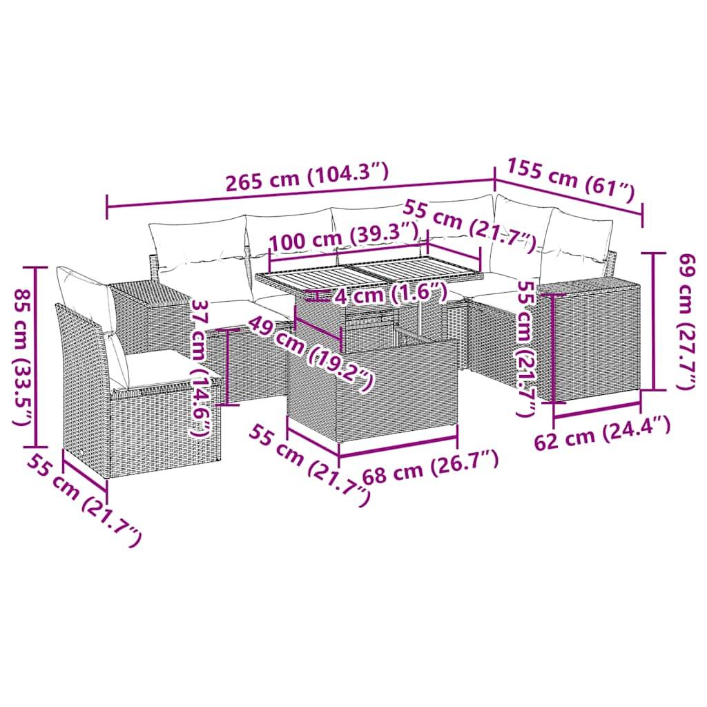 Outdoor-Terrassenmöbelset mit schwarzen Rattanrahmen und türkisfarbenen Kissen, bestehend aus einem dreiteiligen Sofa, zwei Sesseln und einem hölzernen Couchtisch.