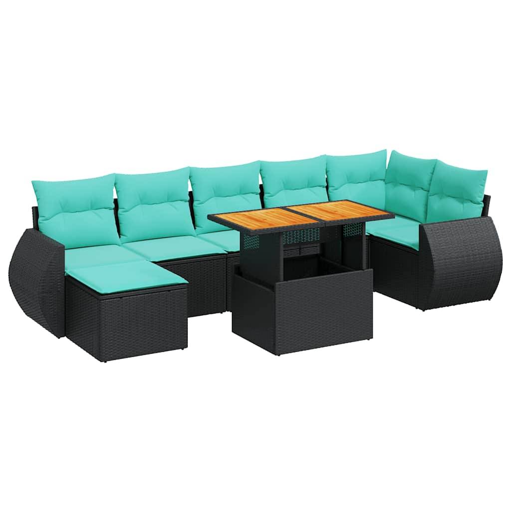 Outdoor-Polyrattan-Terrassenmöbel mit türkisfarbenen Kissen und einem zentralen Couchtisch mit Holzplatte, konzipiert zum Sitzen und Entspannen in Gartenbereichen.