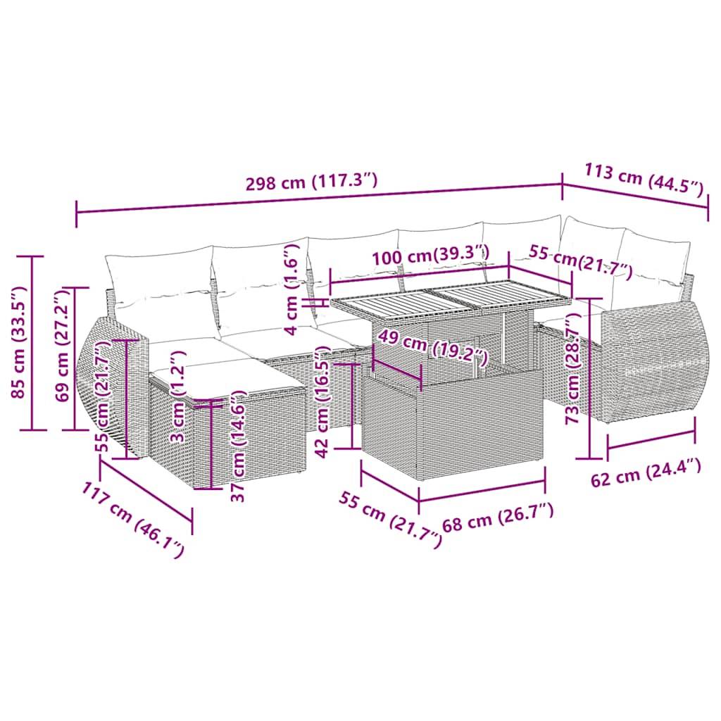 Bild eines Ecksofa-Sets mit Abmessungen: Gesamtbreite 298 cm, Tiefe 113 cm, Höhe 85 cm. Sitztieife 49 cm, Tischhöhe 68 cm.
