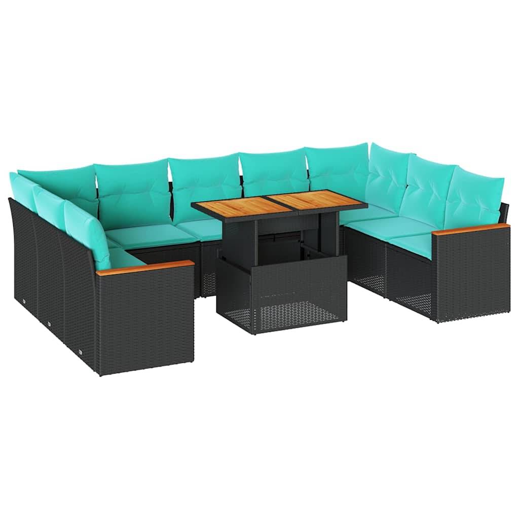 Outdoor-Terrassenmöbel-Set mit U-förmigem Rattan-Ecksofa in Türkis und zentralem rechteckigen Tisch, das eine moderne und gemütliche Sitzoption bietet.