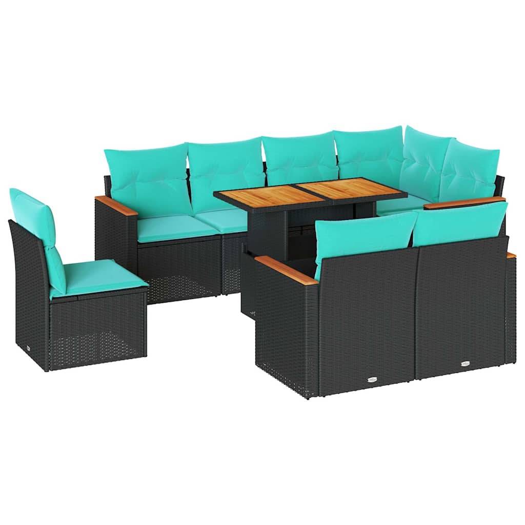 Outdoor-Terrassenmöbel-Set mit schwarzem Rattanrahmen und türkisfarbenen Kissen, mit modularem L-förmigem Sofa und passendem Sessel mit Holzoberflächen-Tischen.