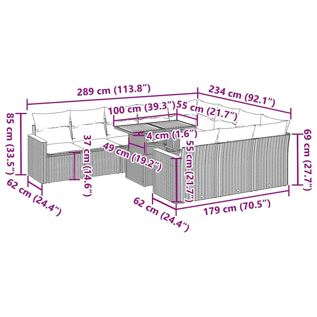 vidaXL 11-tlg. Garten-Sofagarnitur mit Kissen Schwarz Poly Rattan
