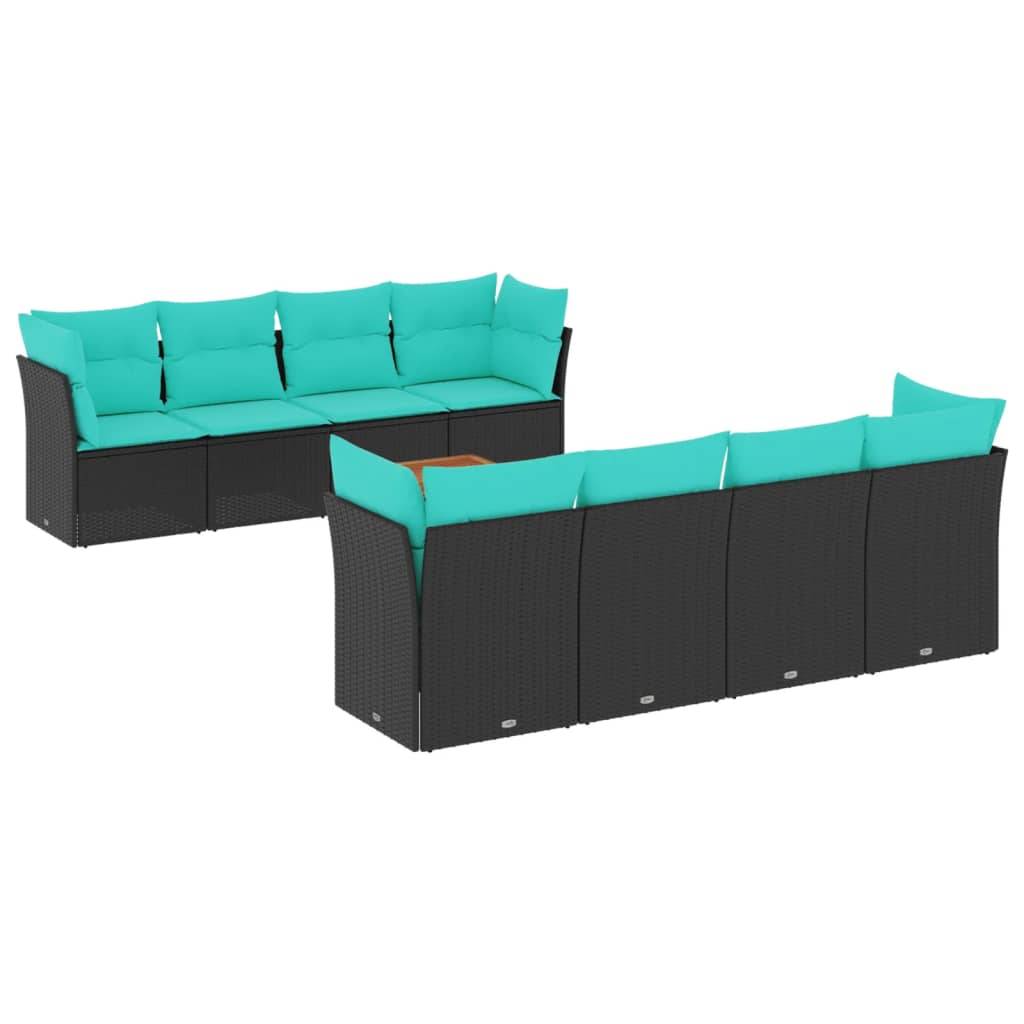 Outdoor-Modulsofa mit türkisfarbenen Kissen und Rattangestell, gezeigt von vorne und von hinten, auf weißem Hintergrund.