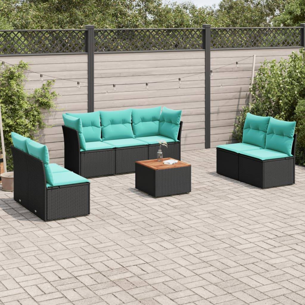 Terrasse im Freien mit grauem Ziegelboden, einem türkisfarbenen Ecksofa mit Polsterung, einem kleinen Holztisch und Topfpflanzen entlang eines Zauns.