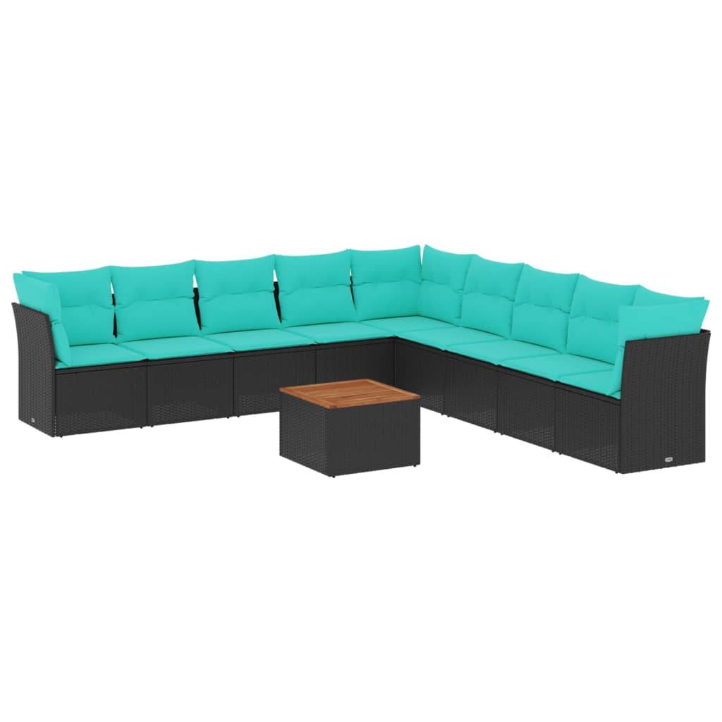 L-förmiges Außensektional mit türkisfarbenen Kissen und einem kleinen quadratischen hölzernen Couchtisch. Das Sektional bietet Platz für etwa sechs Personen.