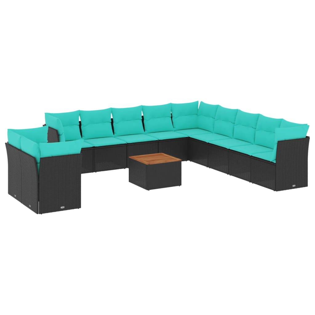 Schwarzes Rattanecksofa mit türkisen Kissen und einem quadratischen Holztisch. Geeignet für Außenbereich-Terrasseneinrichtungen.