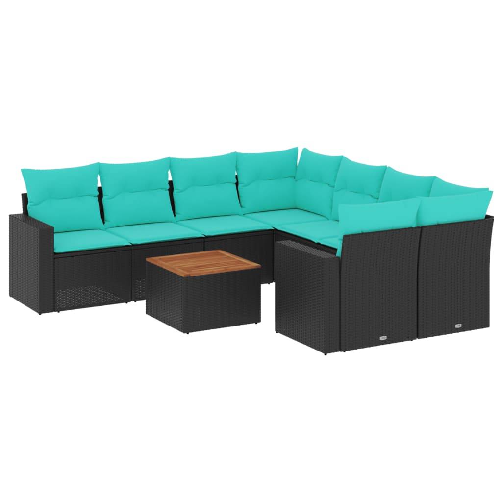 vidaXL 9-tlg. Garten-Sofagarnitur mit Kissen Schwarz Poly Rattan