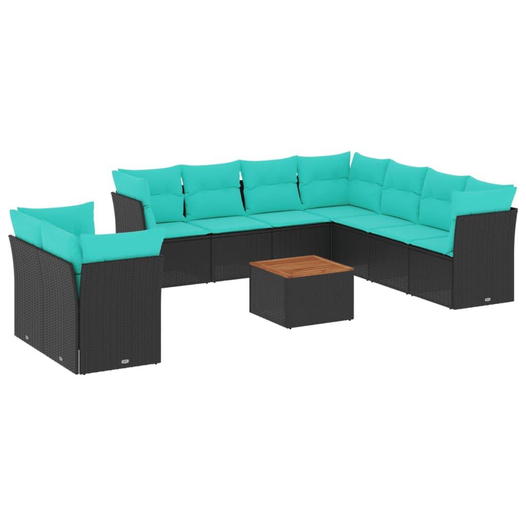 vidaXL 11-tlg. Garten-Sofagarnitur mit Kissen Schwarz Poly Rattan