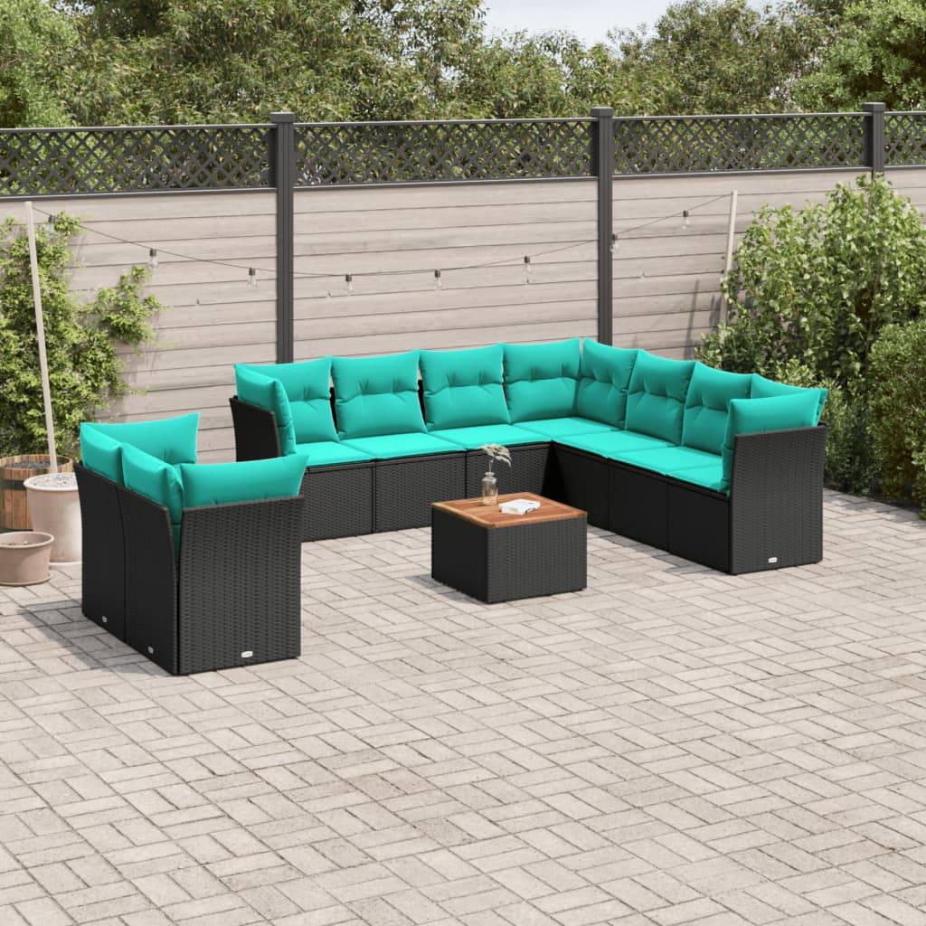 vidaXL 11-tlg. Garten-Sofagarnitur mit Kissen Schwarz Poly Rattan