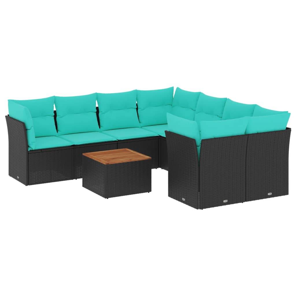 vidaXL 9-tlg. Garten-Sofagarnitur mit Kissen Schwarz Poly Rattan