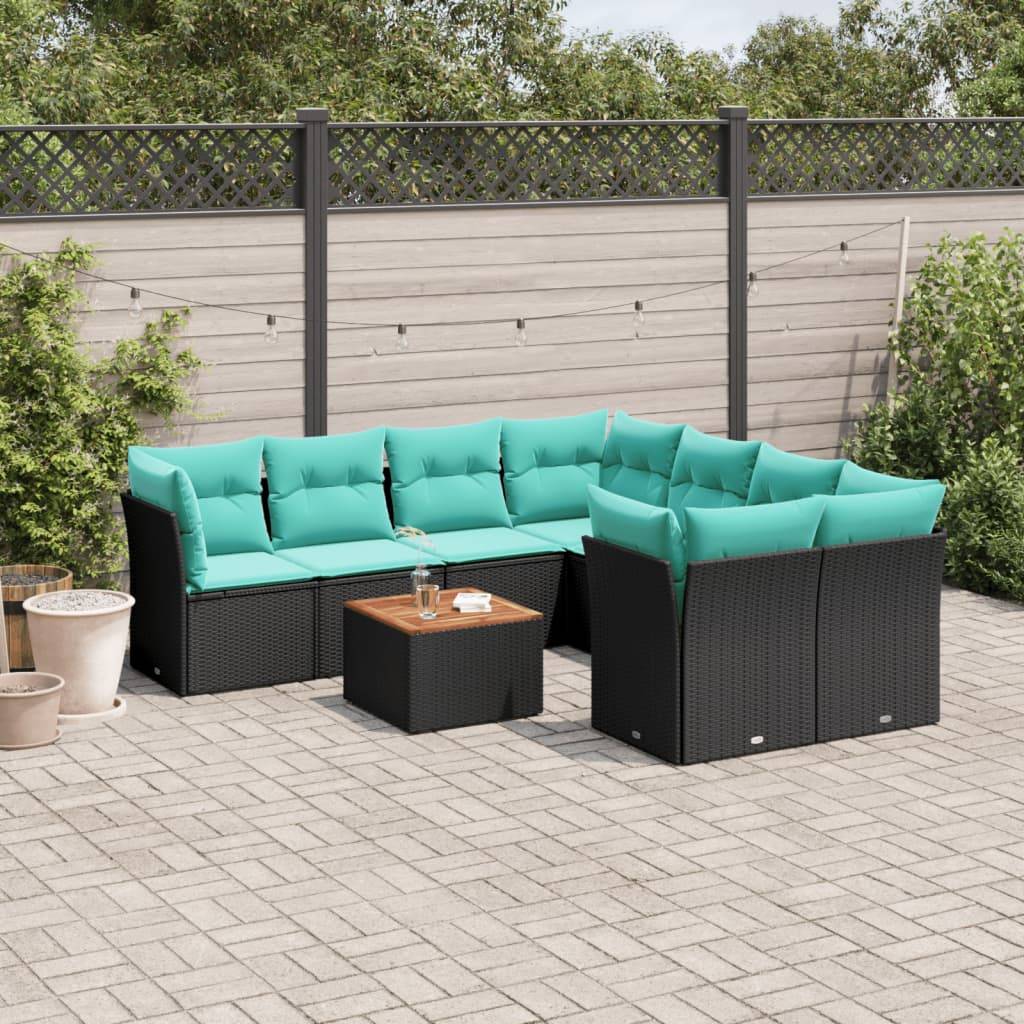 Schwarzes Polyrattan-Außen-Ecksofa mit türkisfarbenen Kissen und passendem Couchtisch, entworfen für Garten- oder Terrassenentspannung.