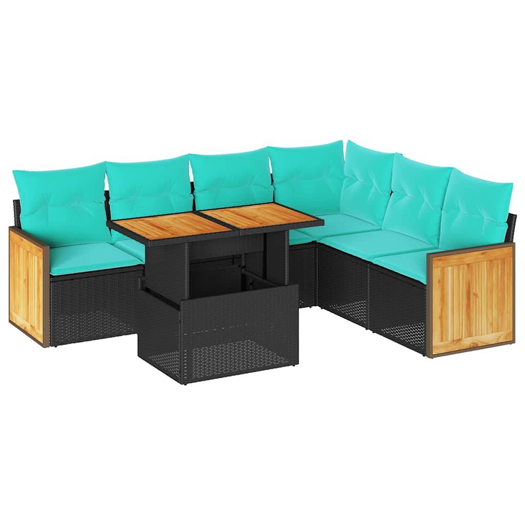 vidaXL 7-tlg. Garten-Sofagarnitur mit Kissen Schwarz Poly Rattan