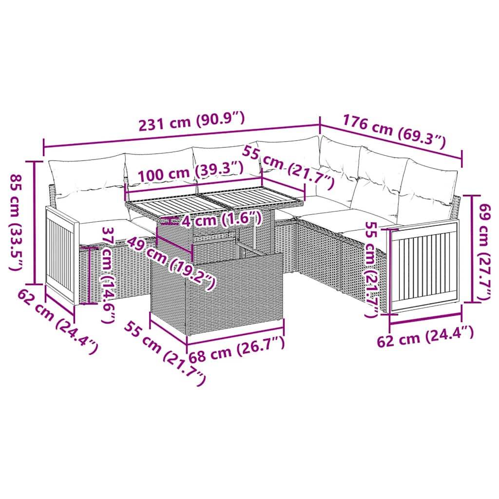 Diagramm eines Outdoor-Loungesessel mit beschrifteten Abmessungen: Sitzbereiche und Tisch. Gesamtlänge beträgt 231 cm (90,9