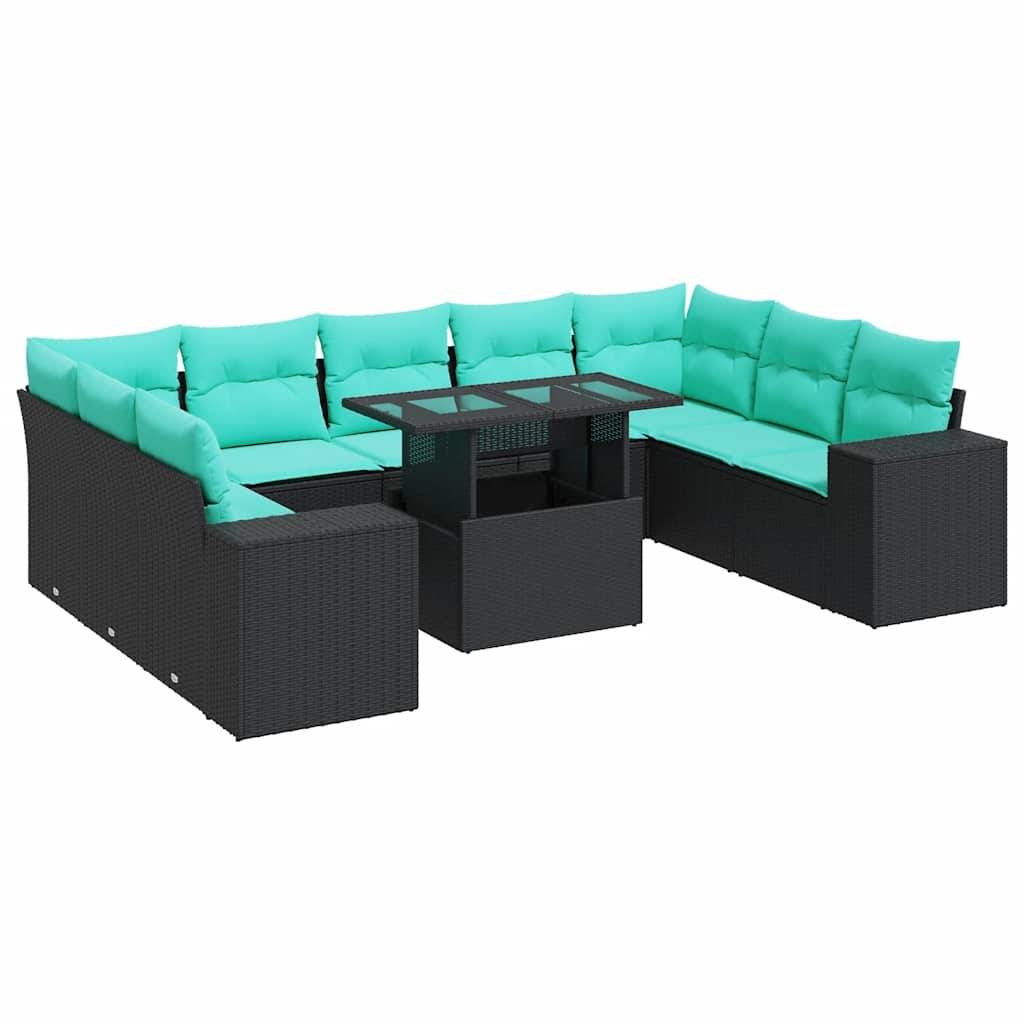 Outdoor-Terrassensektionalsofa mit türkisfarbenen Kissen, schwarzem Rattanrahmen und einem zentralen Couchtisch. Geeignet für Gartensitzplätze.