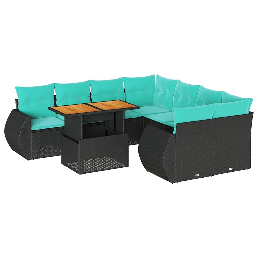 vidaXL 9-tlg. Garten-Sofagarnitur mit Kissen Schwarz Poly Rattan