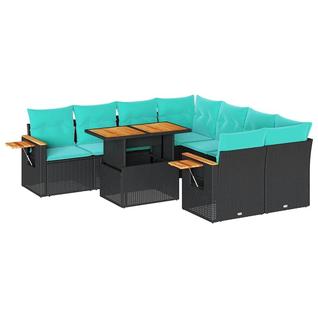 Gartenmöbelset für die Terrasse mit türkisfarbenen Kissen umfasst eine Eckgarnitur, einen quadratischen Couchtisch mit Holzplatte und zwei ausziehbare Beistelltische.